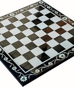 Black and White Marble Chess Board with Pietra Dura Inlay Art 15 Inches 2