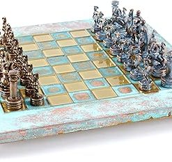 Greek Roman Army Chess Set Blue Copper with Blue Oxidized Board