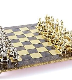 Knights Chess Set in Brass and Nickel with Brown Chess Board