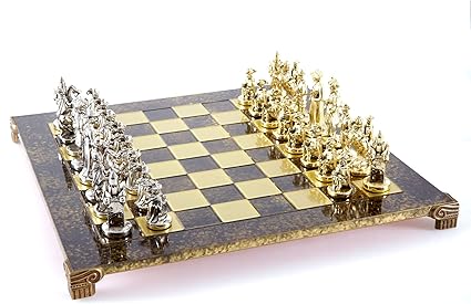 Knights Chess Set in Brass and Nickel with Brown Chess Board Knights Chess Set in Brass and Nickel with Brown Chess Board
