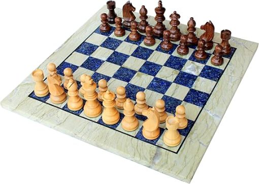 Australian Marble and Lapis Lazuli Chess Board Set with Wooden Pieces