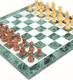 Green Marble Chess Board Set with Wooden Pieces – 15 Inch Home Decor