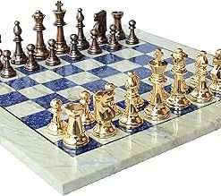 Australian Marble and Lapis Lazuli Chess Board Set with Brass Pieces