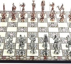 Antique Copper Pharaoh Chess Set with Handmade Wooden Board for Adults