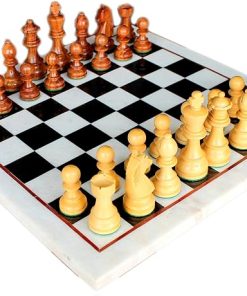 White Natural Stone and Black Marble Chess Board with Wooden Pieces 15 Inches
