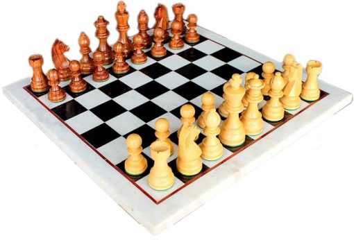 White Natural Stone and Black Marble Chess Board with Wooden Pieces 15 Inches