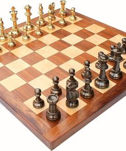 16 Inch Acacia Wood Chess Game Board Set with Brass Pieces Collection 2