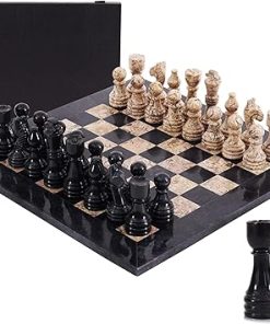 Handmade 15 Inch Black and Coral Marble Chess Set with Storage Box