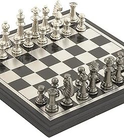 Deco 79 Aluminum Chess Game Set Black Silver Pieces 12×12 Inches