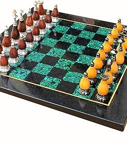 StonKraft Black Marble Malachite Chess Board Set with Wooden Brass Pieces 2
