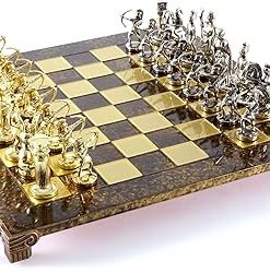 Archers Large Chess Set Brass Nickel with Brown Chess Board