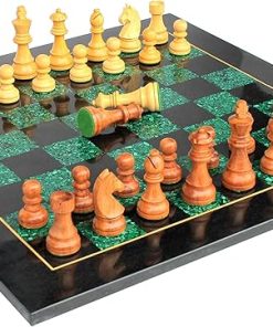 Black Marble Malachite Chess Board Set with Wooden Pieces 21 Inches