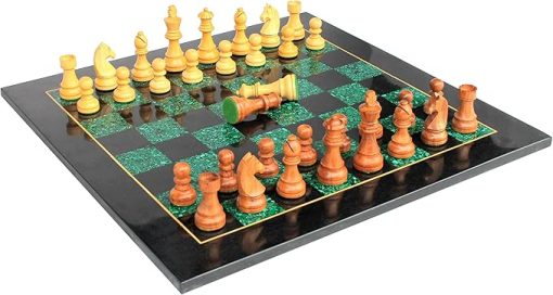 Black Marble Malachite Chess Board Set with Wooden Pieces 21 Inches