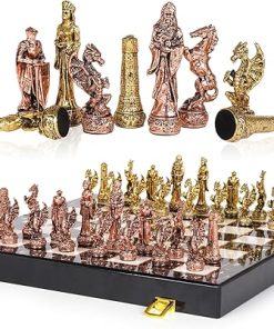 Vintage Metal Chess Set with Marbled Board 15 Inch Travel Game