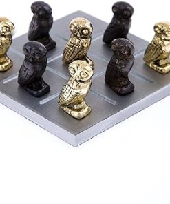 Classy Handmade Solid Aluminum, Brass & Oxidized Brass Metal Decorative Tic Tac Toe Board Game, Owl of Minerva Design, 11x11cm (4.3”x4.3”)