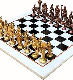 Stonkraft White Black Marble Chess Board Set with Brass Roman Pieces