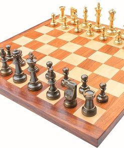 16 Inch Acacia Wood Chess Game Board Set with Brass Pieces Collection