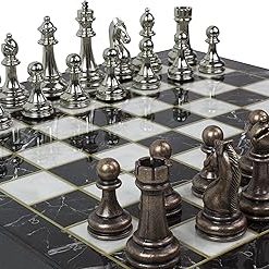 14 Inch Chess Set Wooden Board with Chrome Plated Metal Chess Pieces