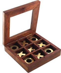 Retro Wooden Tic Tac Toe – Family Board Game with Glass Storage Box