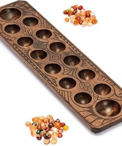 Yellow Mountain Imports Mancala Set Solid Wood Board and Quartz Pebbles