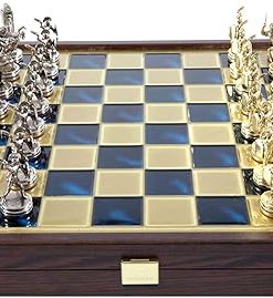 Greek Mythology Chess Set Brass Nickel Wooden Case Blue Board