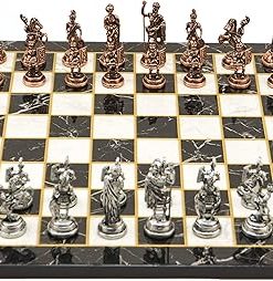 Antique Copper Metal Chess Set with Handmade Roman Figures and Marble Board 2