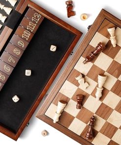 15” Wooden Chess Set with Shut The Box Game, Magnetic Chess Board-2 Extra Queens-Pieces Storage Slots, Wooden Board Table Math Game, 2-in-1 Folding Board Game Set for Kids, Adults,Beginner 2