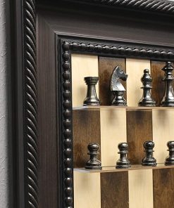Metal Chess Pieces on Maple Wall Mounted Chess Board with Brown Frame 2