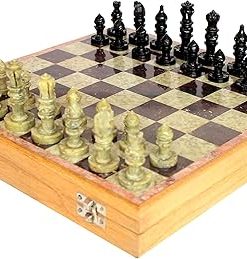 12×12 Stone and Wooden Chess Game Board with Handcrafted Pawns Set