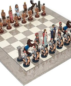 Hand Painted Roman and Egyptian Solid Pewter Chessmen with Board 4″ 2