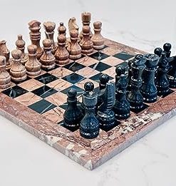 Vintage Marble Chess Set 12 Inch Marina Pink Base and Black Pieces