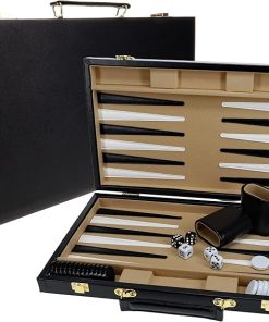 Backgammon Set in Black Leatherette Case for Family and Travel Games