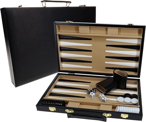 Backgammon Set in Black Leatherette Case for Family and Travel Games