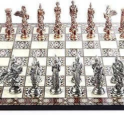 Handmade Mythologic Pegasus Antique Copper Chess Set with Wooden Board