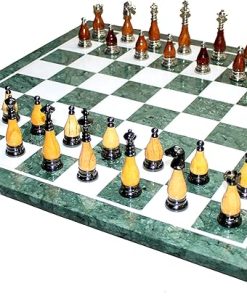 Green Marble Chess Board Set with Brass and Wooden Pieces 20 Inches