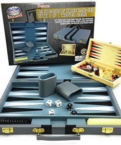 Matty’s Toy Stop Deluxe 15″ Backgammon Briefcase (Vinyl Gray Attache) with 3-in-1 Chess, Checkers & Backgammon Wooden Travel Games Set (8″) 2