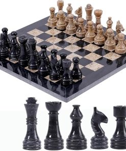 Handmade 12 Inch Black and Coral Marble Chess Set for Outdoor Games