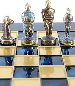 Bronze Cycladic Art Chess Set with Blue Chess Board for Collectors 2