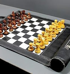 Genuine Roll-Up Leather Chess Set with Wooden Pieces and Carry Pouch