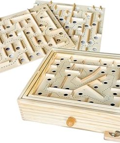 Sterling Games Wooden Labyrinth with 3 Swappable Boards – Classic Maze Game with 60, 36, and 25 Waypoints – Wooden Tilt Puzzle with Knob Control and 3 Steel Marbles for Kids Age 6+