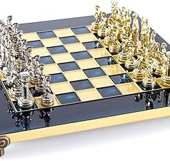 Greek Roman Army Chess Set Brass Nickel Blue Chess Board