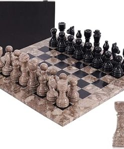 Oceanic Black Marble Chess Set 15 Inch Handmade Storage Box Extra Queens