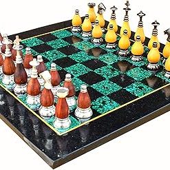 StonKraft Black Marble Malachite Chess Board Set with Wooden Brass Pieces