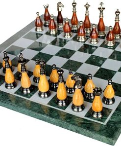 Collectible Green Marble Chess Board Set with Brass Wooden Pieces