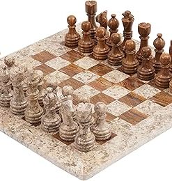 Marble Chess Set 15 Inches Handmade Fossil Coral Dark Brown for Adults