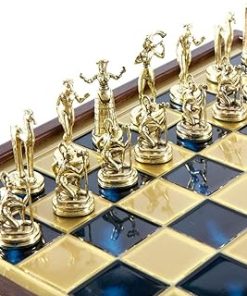 Minoan Period Brass Nickel Chess Set with Wooden Case and Blue Board 2