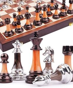 Metal Chess Set for Adults with Zinc Alloy Pieces and Wooden Board