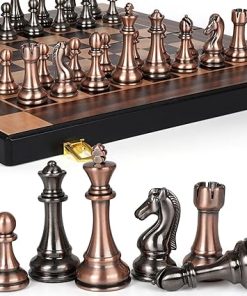 Large 15-Inch Metal Chess Set with Foldable Wooden Board for Travel