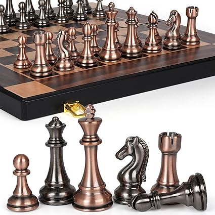 Large 15-Inch Metal Chess Set with Foldable Wooden Board for Travel Large 15-Inch Metal Chess Set with Foldable Wooden Board for Travel