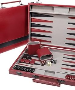 WE Games Backgammon Set Burgundy Black Leatherette Case Travel Board Game